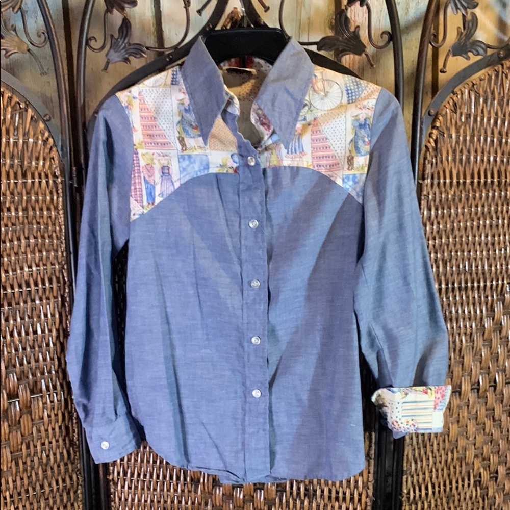 Vintage Holly Hobbie Print Chambray Cowboy Shirt Size 7/8